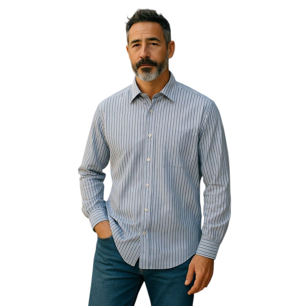 Ike Behar Multi-Stripe Cotton Dress Shirt Navy Gray 15.5 34/35